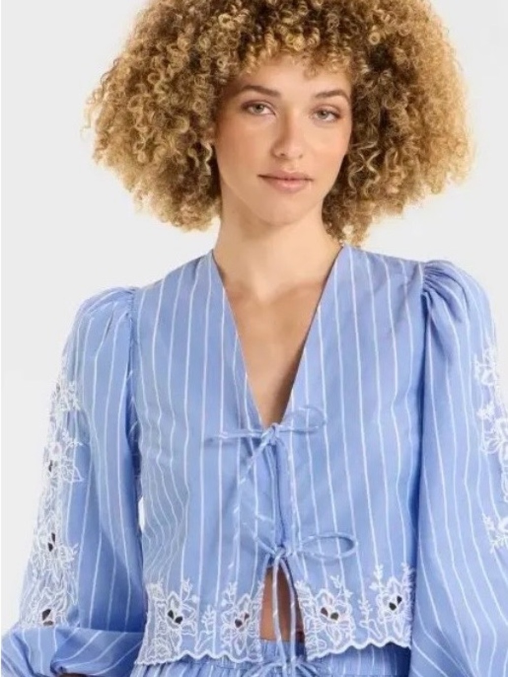 Target future collective Striped Light Blue Lace-Trim Tie-Front Blouse
